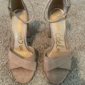 Tan suede Sam Edelman Black Heel Peep Toe Ankle Strap Heels. Size 7 1/2